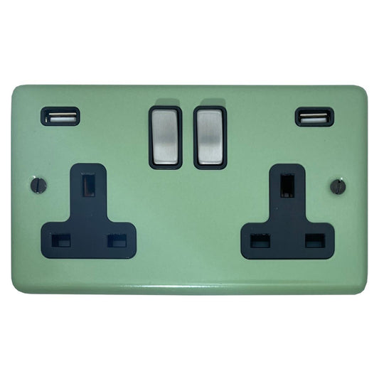 Classic Sage Green 2 Gang Socket With USB (Satin Chrome Switch/Black Insert)