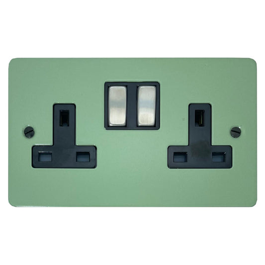 Flat Sage Green 2 Gang Socket (Satin Chrome Switches/Black Inserts)