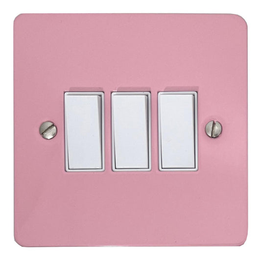 Flat Gloss Pink 3 Gang Switch (White Switches)