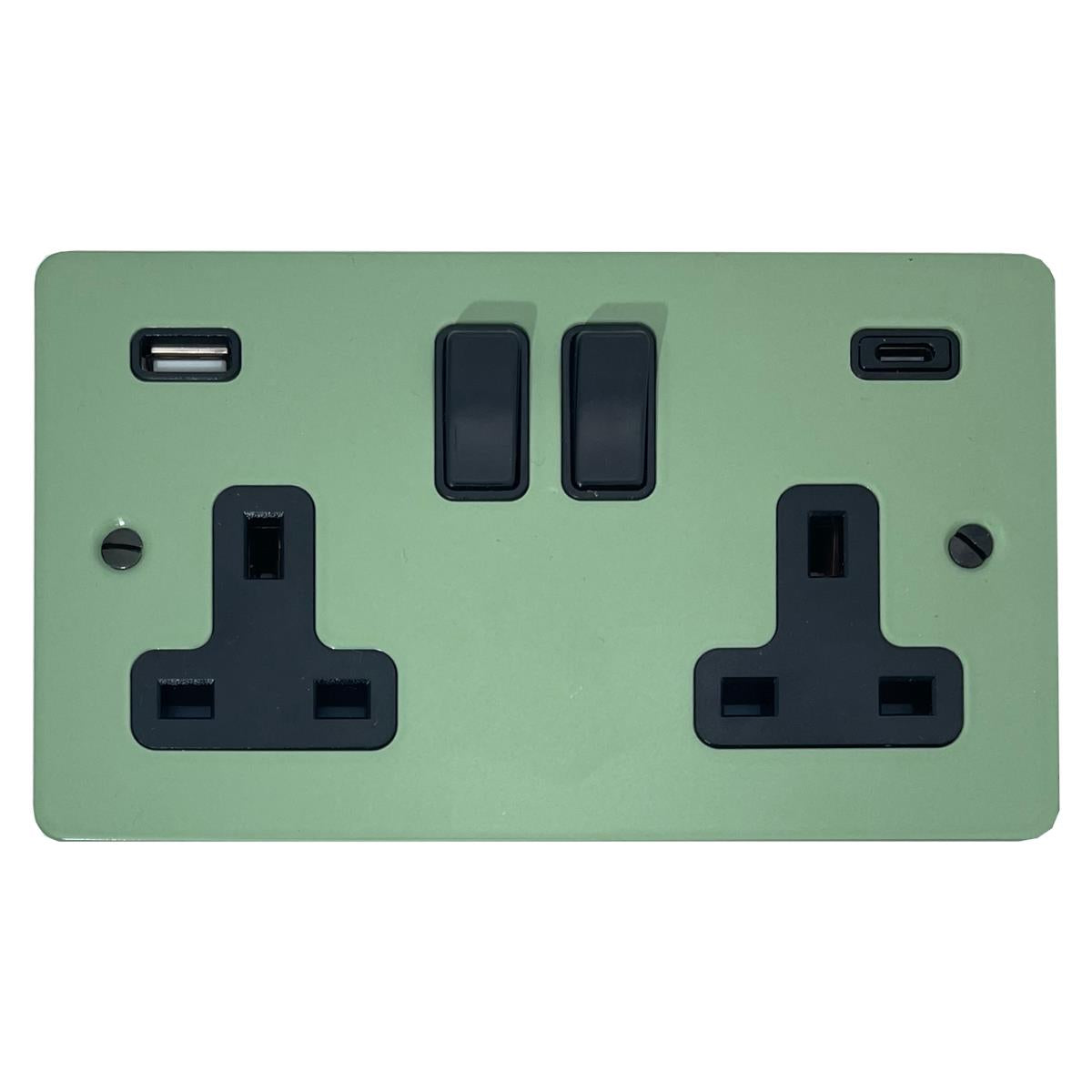 Flat Sage Green 2 Gang Socket with USBC (Black Switches)