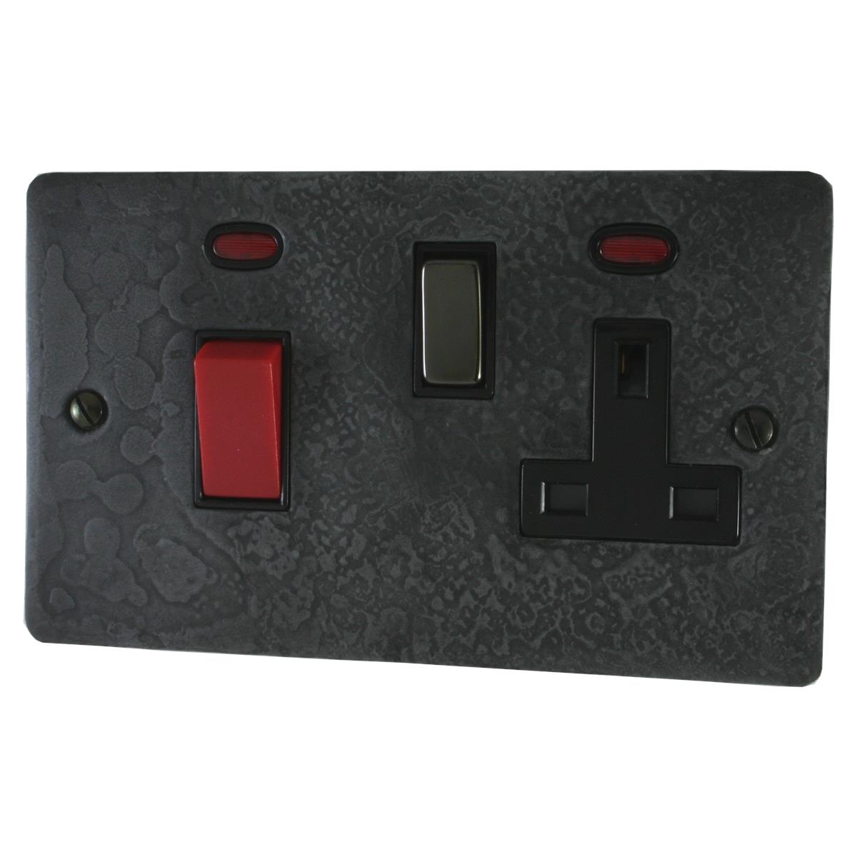 Flat Rustic Pewter 45 Amp Cooker Switch and Socket (Black Nickel Switch/Black Insert)