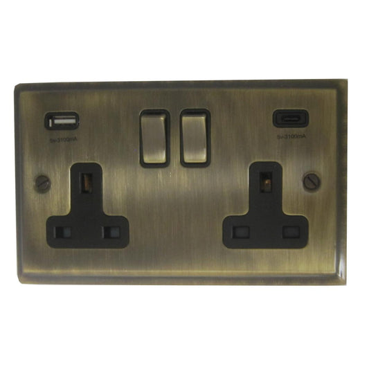 Deco Antique Brass 2 Gang USBC Socket (Brass Switches)