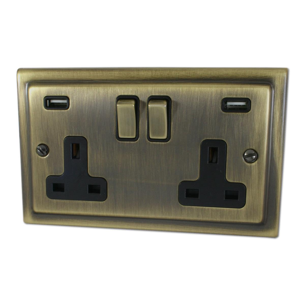 Victorian Antique Brass 2 Gang USB Socket (Brass Switches)