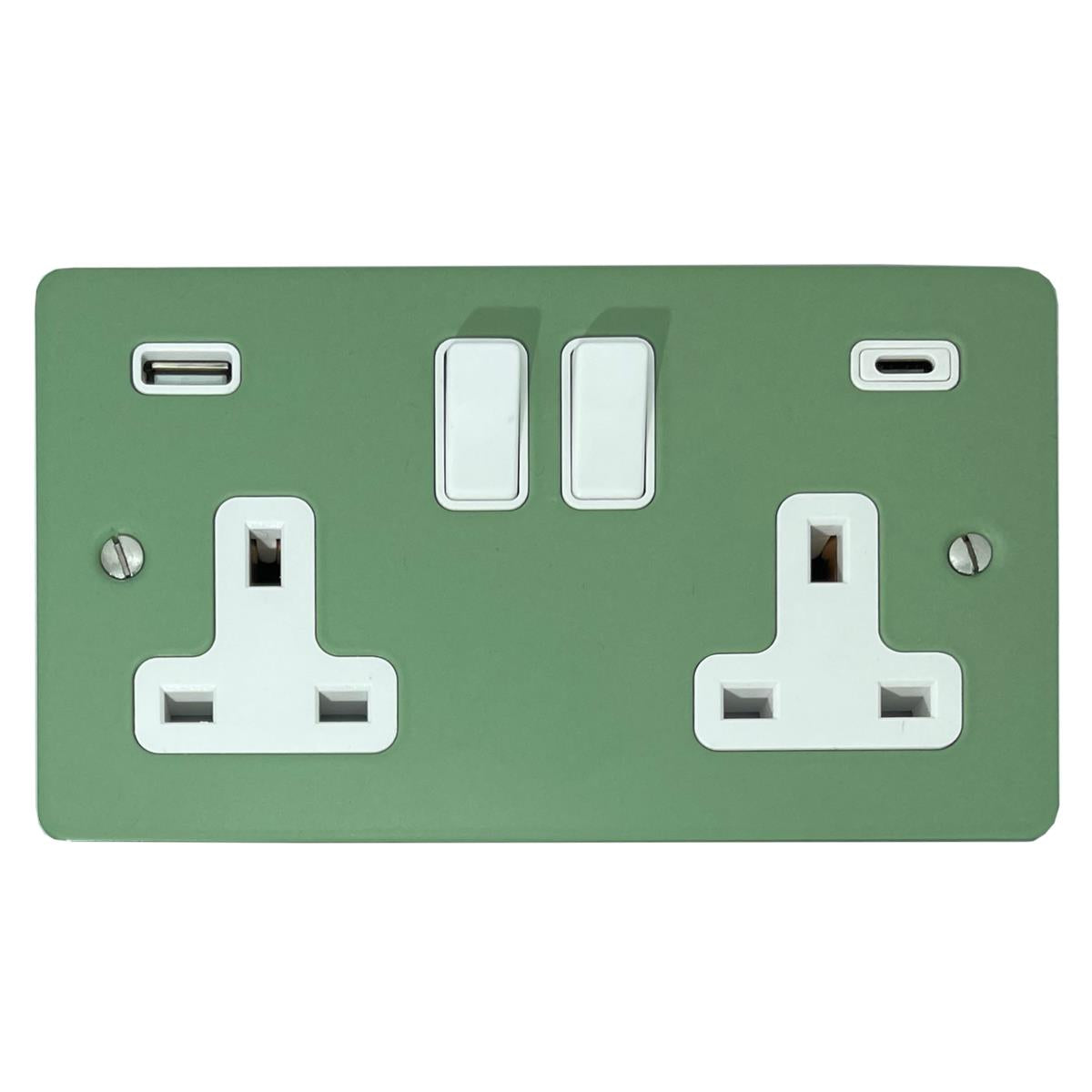 Flat Sage Green 2 Gang Socket with USBC (White Switches)