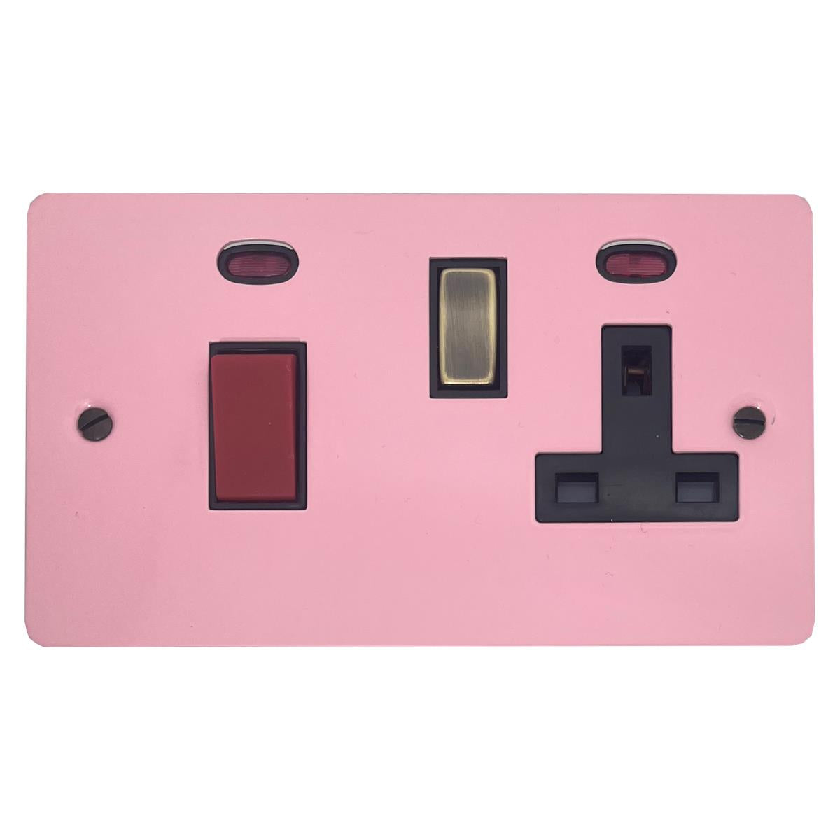 Flat Gloss Pink 45 Amp Cooker Switch and Socket (Antique Brass Switch/Black Insert)