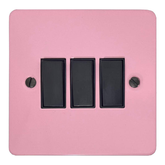 Flat Gloss Pink 3 Gang Switch (Black Switches)