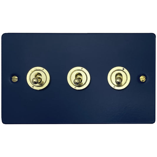 Flat Blue 3 Gang Grid Toggle Plate