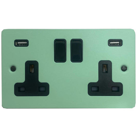 Flat Peppermint Green 2 Gang Socket with USB (Black Switches)