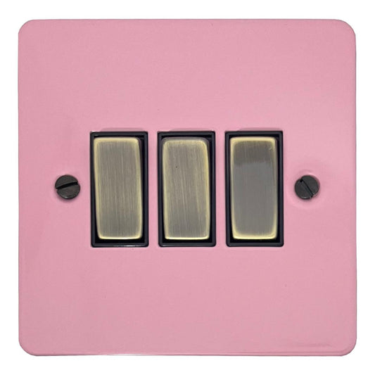 Flat Gloss Pink 3 Gang Switch (Antique Brass Switches/Black Inserts)
