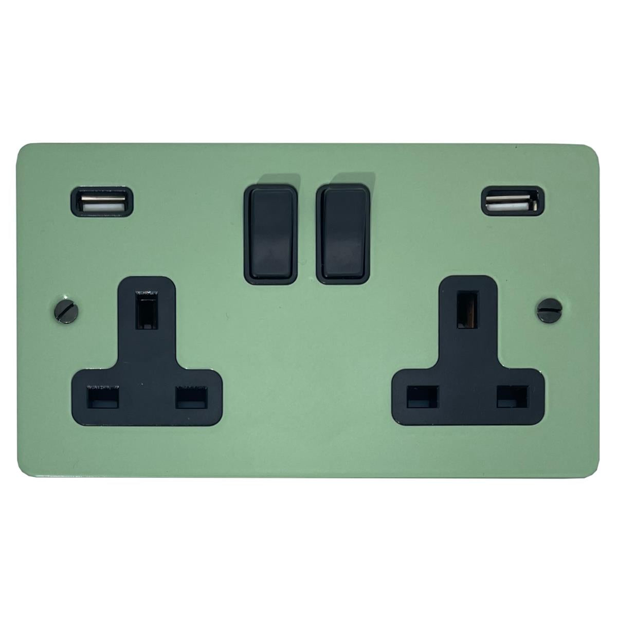 Flat Sage Green 2 Gang Socket with USB (Black Switches)