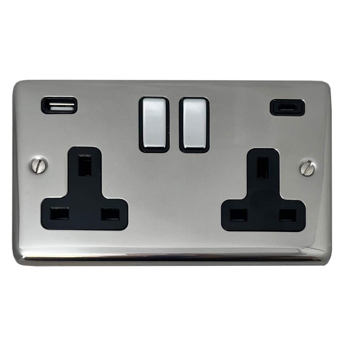 Contour Polished Steel 2 Gang Socket + Usb