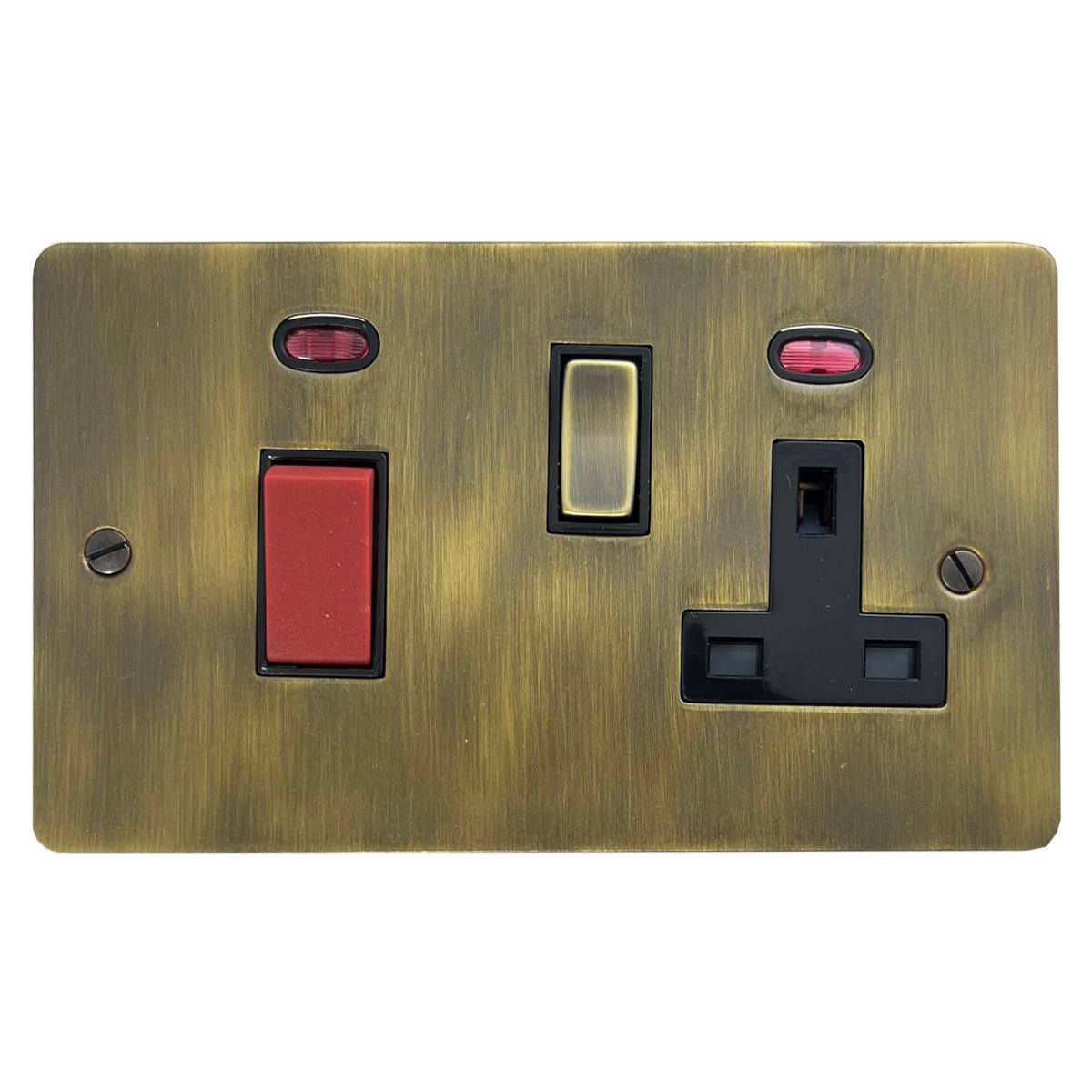 Flat Antique Brass 45 Amp Cooker Switch and Socket (Black Switch)