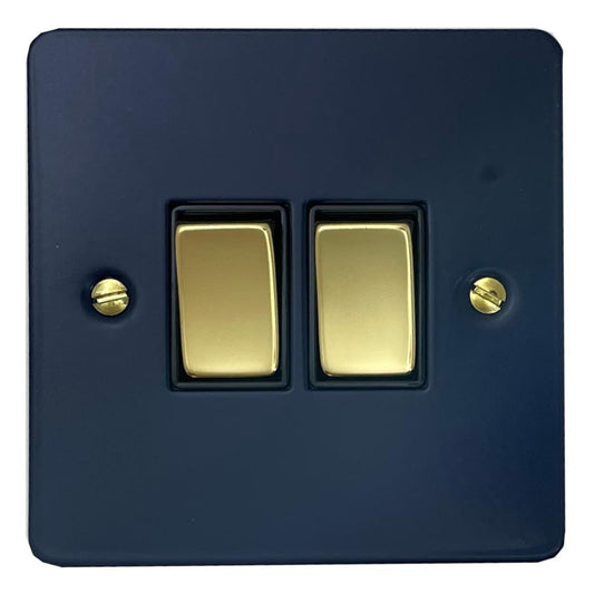 Flat Blue 2 Gang Switch (Polished Brass Switches/Black Inserts)