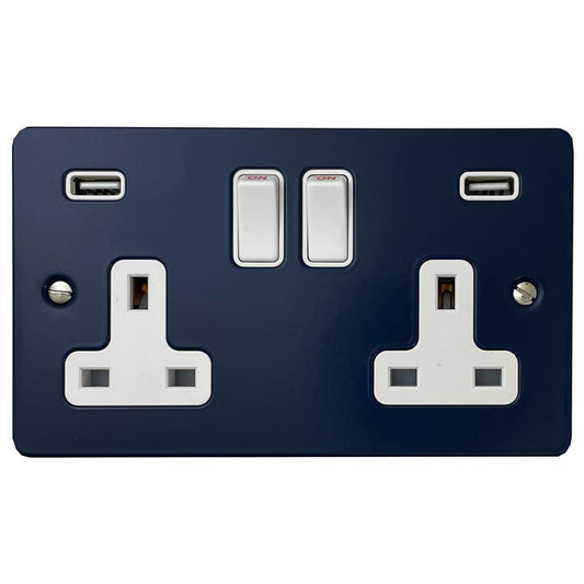 Flat Blue 2 Gang Socket with USB (White Switches)