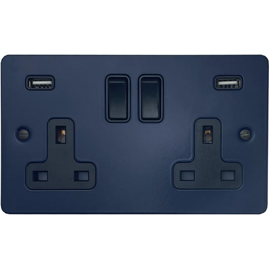 Flat Blue 2 Gang Socket with USB (Black Switches)