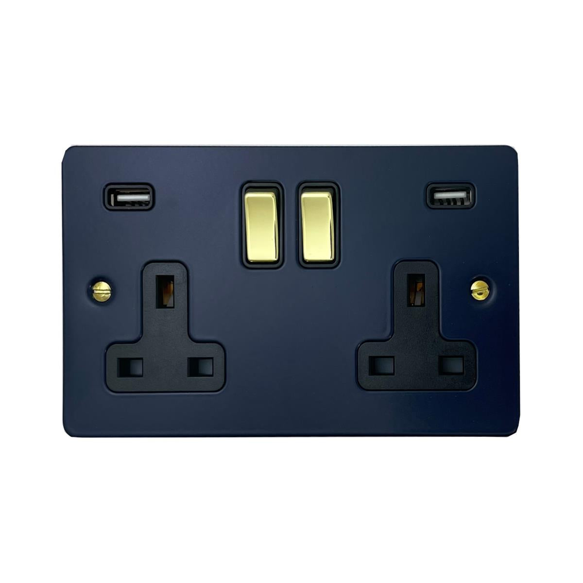 Flat Blue 2 Gang Socket (Polished Brass Switches/Black Inserts)