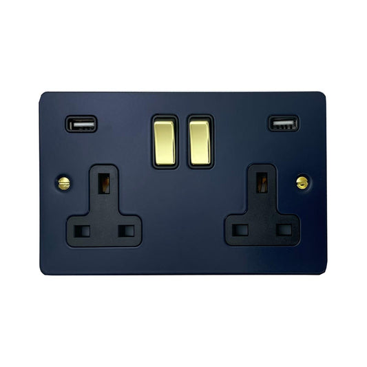 Flat Blue 2 Gang Socket (Polished Brass Switches/Black Inserts)