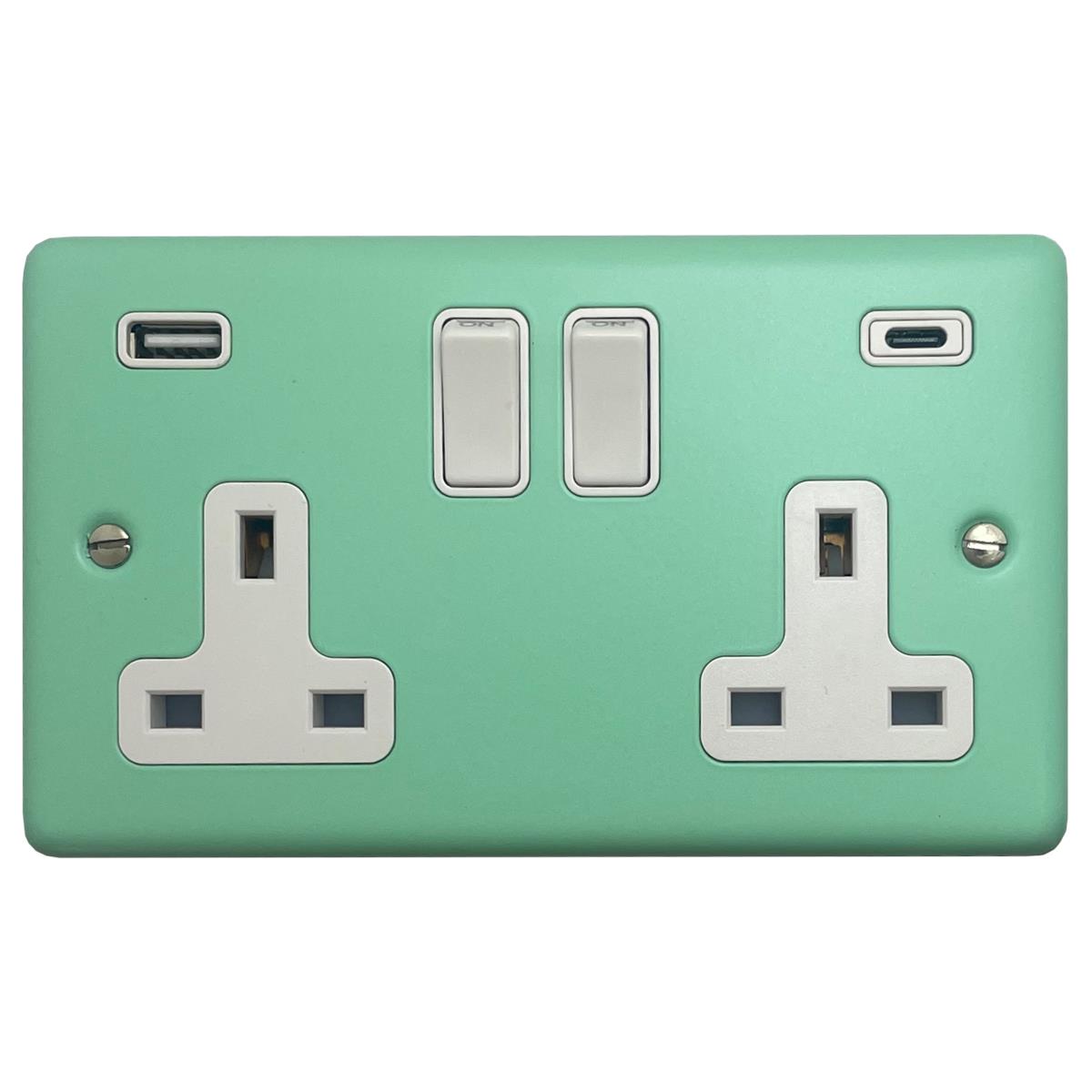 Classic Peppermint Green 2 Gang Socket with USBC (White Switches)