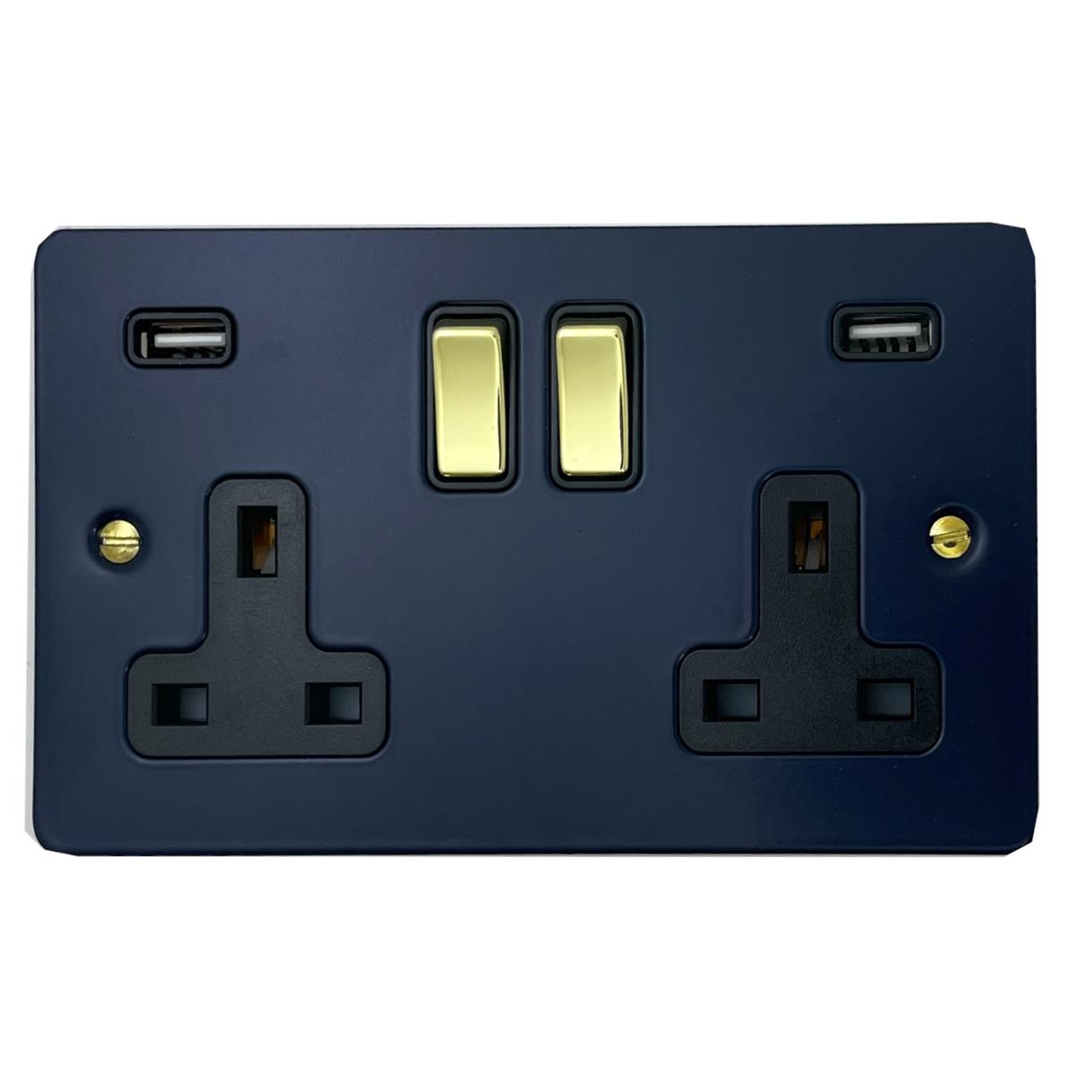 Flat Blue 2 Gang Socket with USBC (Polished Brass Switches/Black Inserts)