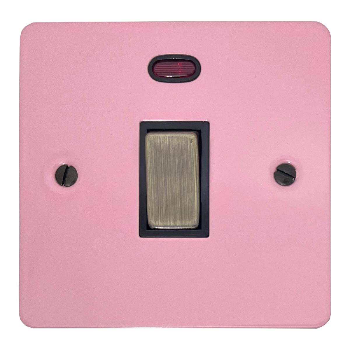 Flat Gloss Pink 20 Amp DP Switch (Antique Brass Switches/Black Inserts)