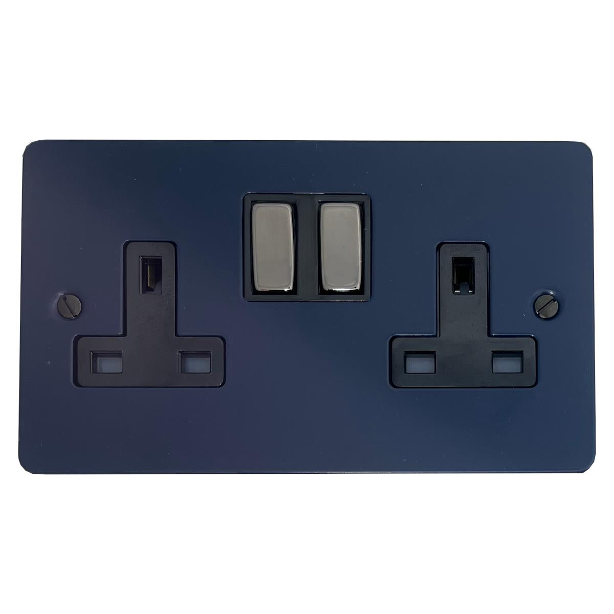 Flat Blue  2 Gang Socket (Black Nickel Switches/Black Inserts)