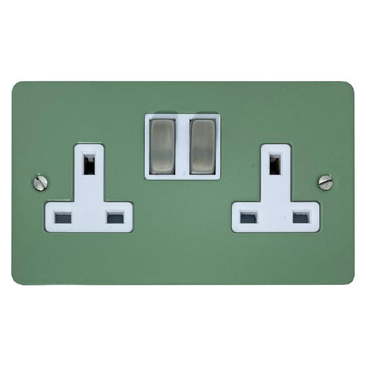 Flat Sage Green 2 Gang Socket (Satin Chrome Switches/White Inserts)