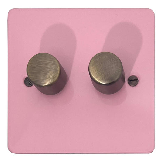 Flat Gloss Pink 2 Gang LED Dimmer (Antique Brass Caps)