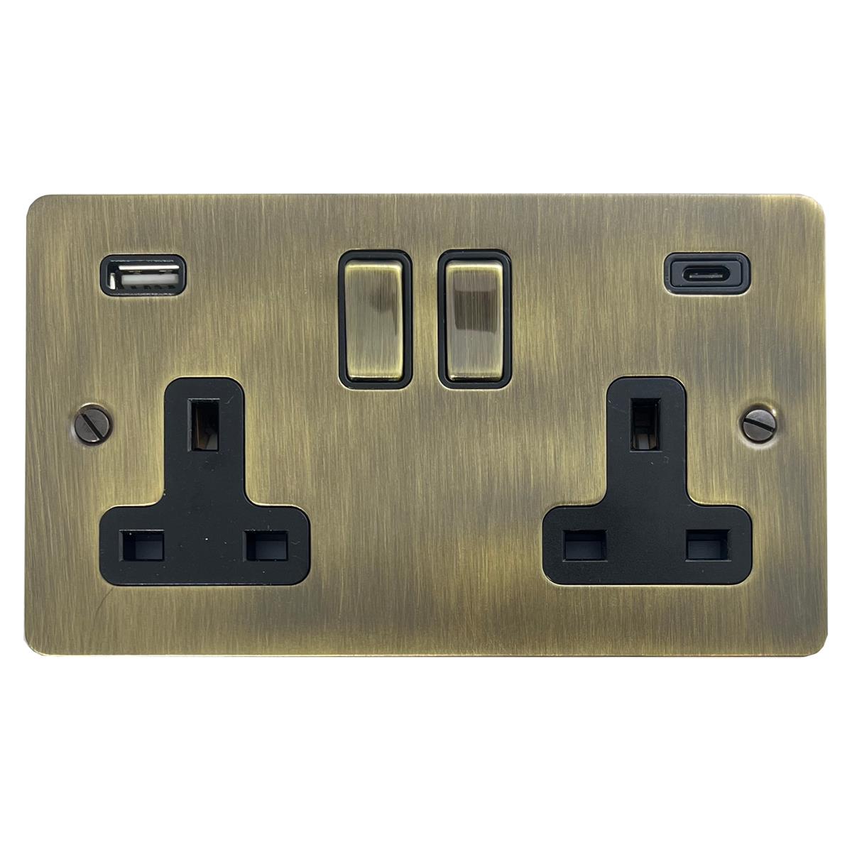 Flat Antique Brass 2 Gang USBC Socket (Brass Switches)