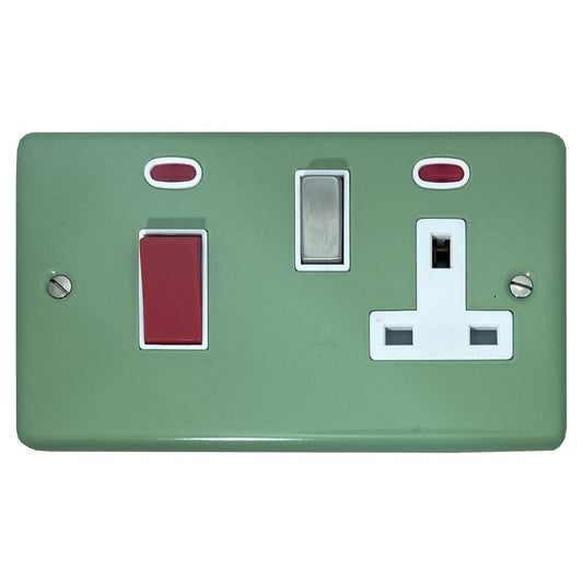 Classic Sage Green 45 Amp Cooker Switch and Socket (Satin Chrome Switch/White Insert)