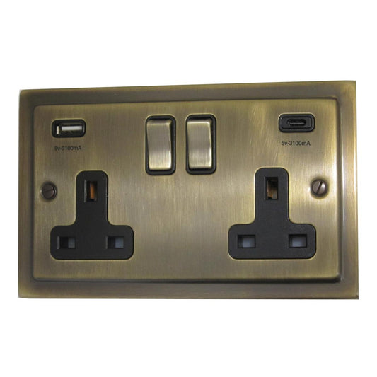 Victorian Antique Brass 2 Gang USBC Socket (Brass Switches)