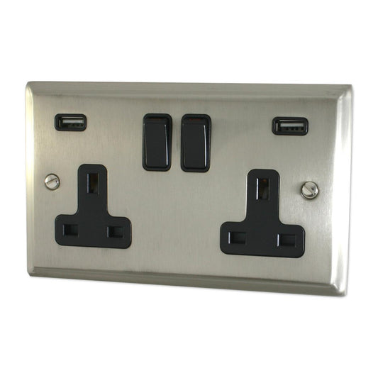 Deco  Satin Nickel 2 Gang Socket with USB