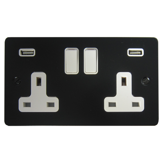 Flat Black 2 Gang Socket with USB (White Inserts)