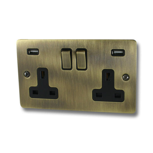 Flat Antique Brass 2 Gang USB Socket with USB (Brass Switches)