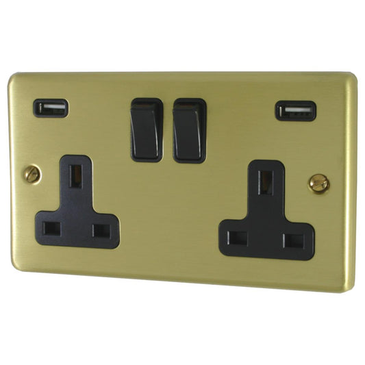 Contour  Satin Brass  2 Gang Socket with USB