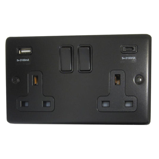 Contour  Flat Black  2 Gang Socket with USBC