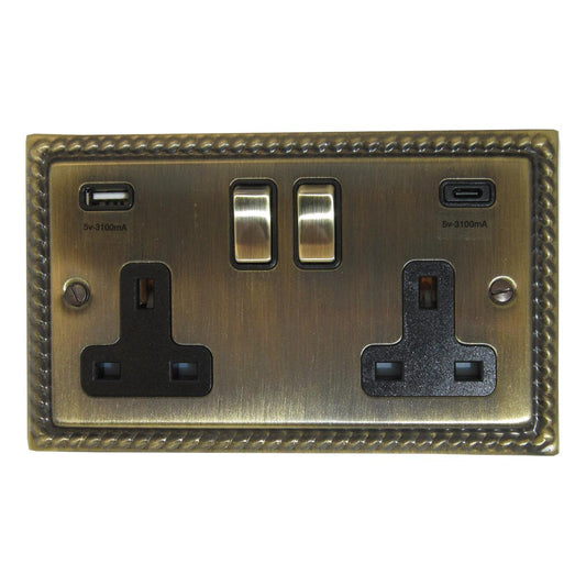 Monarch Antique Brass 2 Gang USBC Socket (Brass Switches)