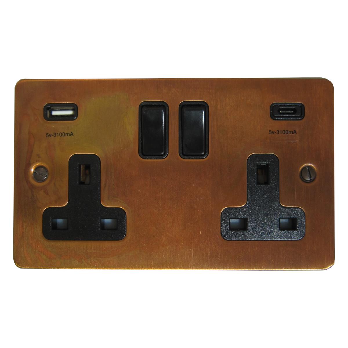 Flat Tarnished Copper  2 Gang Socket with USBC