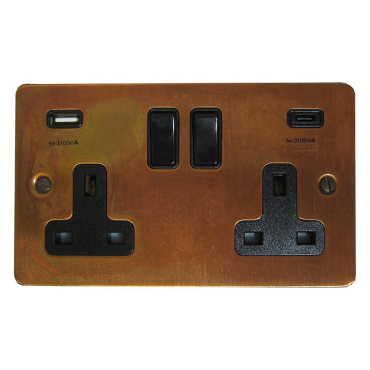 Flat Tarnished Copper  2 Gang Socket with USBC