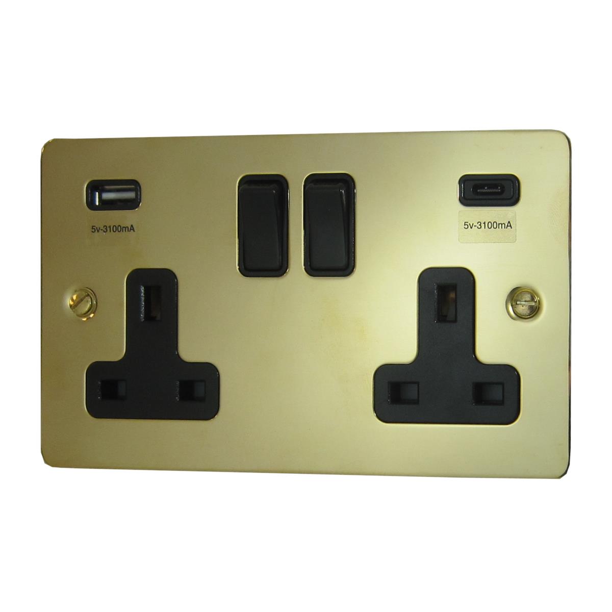 Flat  Polished Brass  2 Gang Socket with USBC