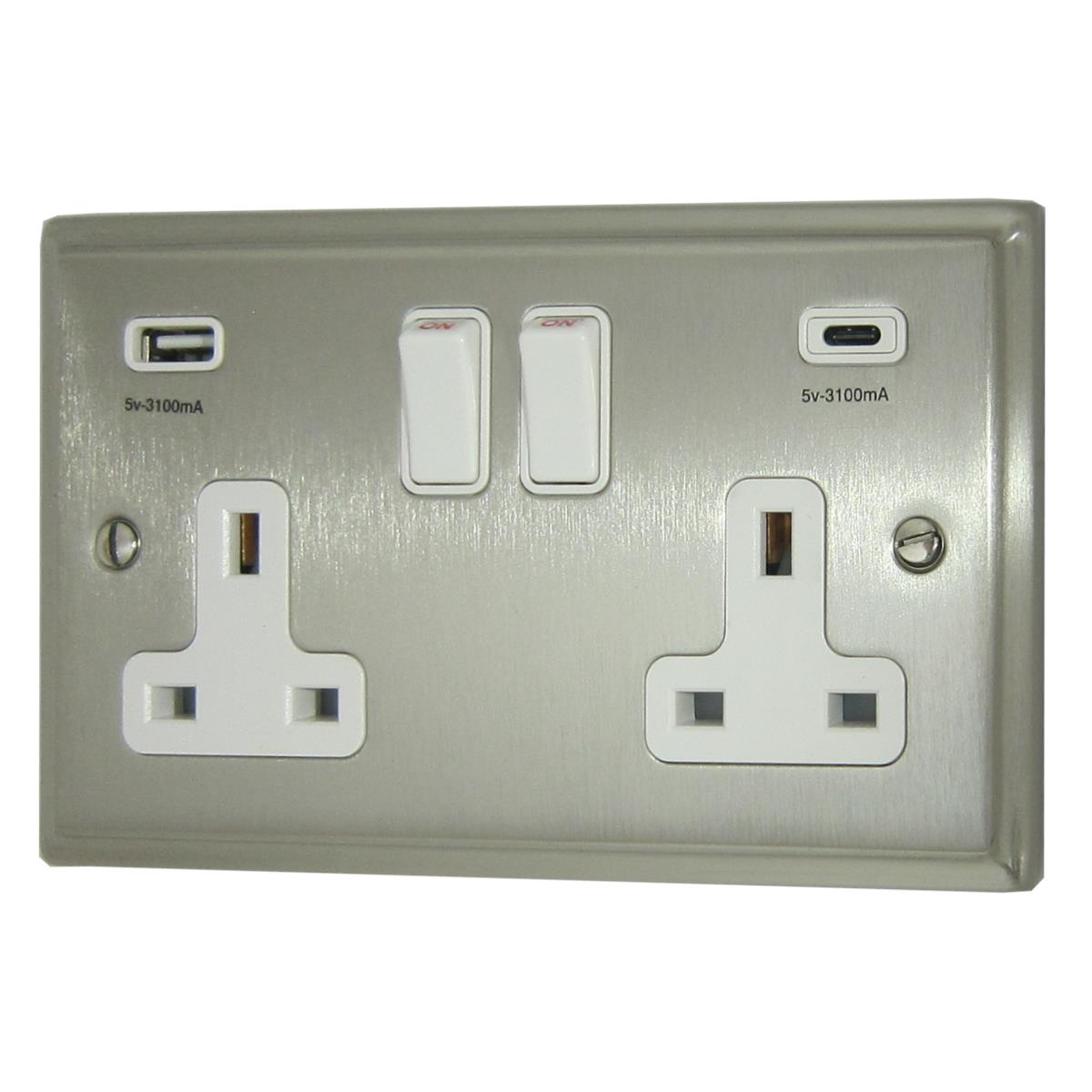 Deco Satin Nickel 2 Gang Socket C/W USBC