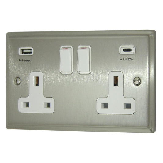 Deco Satin Nickel 2 Gang Socket C/W USBC