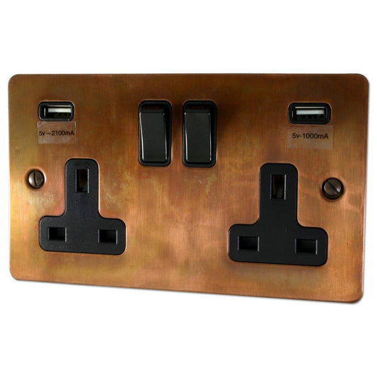 Flat Tarnished Copper  2 Gang Socket with USB