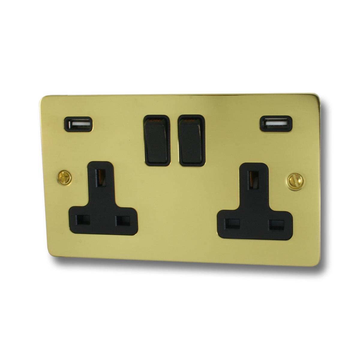 Flat  Polished Brass  2 Gang Socket with USB