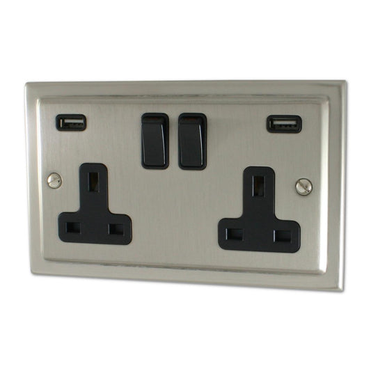 Trimline  Satin Nickel  2 Gang Socket with USB