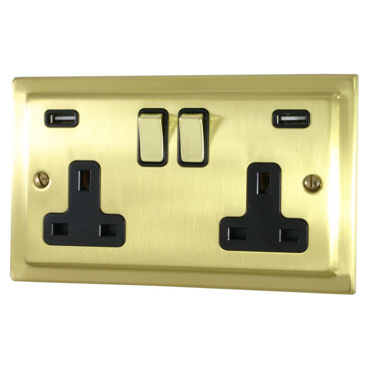 Trimline Satin Brass 2 Gang Socket C/W Usb Ports