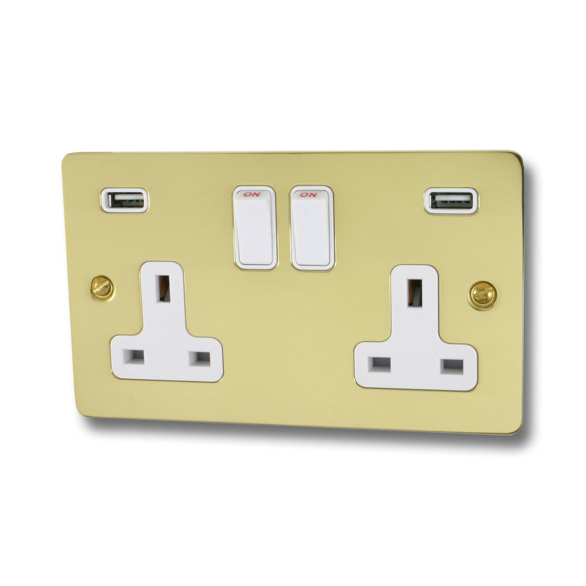 Flat Polished Brass 2 Gang Socket C/W Usb Ports