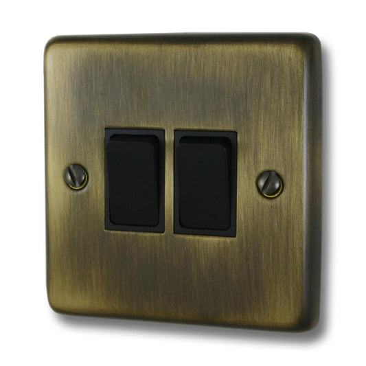 Contour Antique Brass 2 Gang Switch (Black Switches)