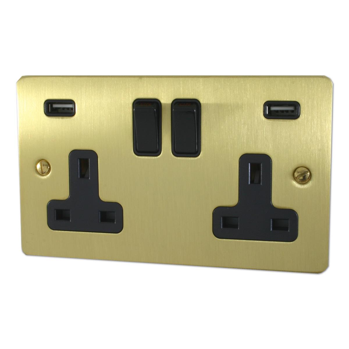 Flat Satin Brass  2 Gang Socket with USB