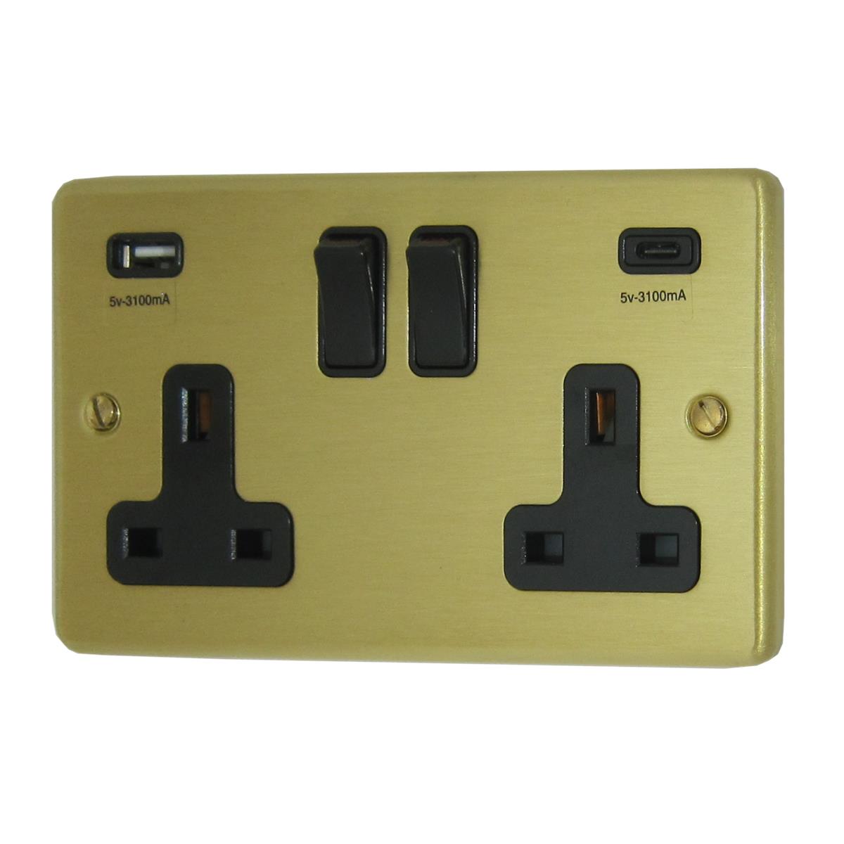 Contour  Satin Brass  2 Gang Socket with USBC