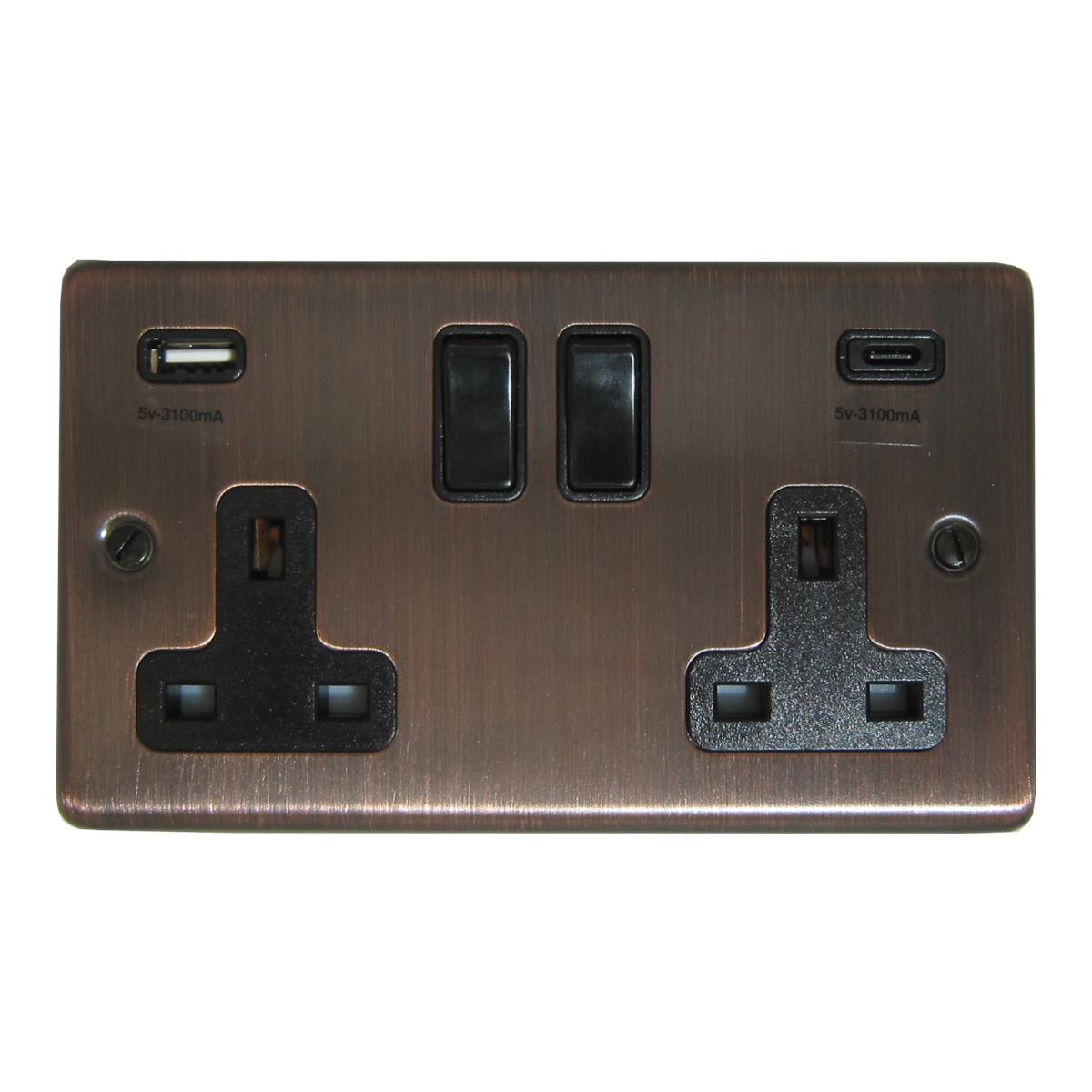 Contour  Antique Copper 2 Gang Socket with USBC